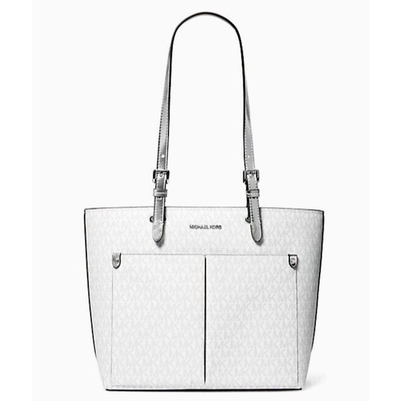 New Michael Kors Jet Set Travel Medium Double Pocket Logo Tote Optic White - Picture 1 of 3